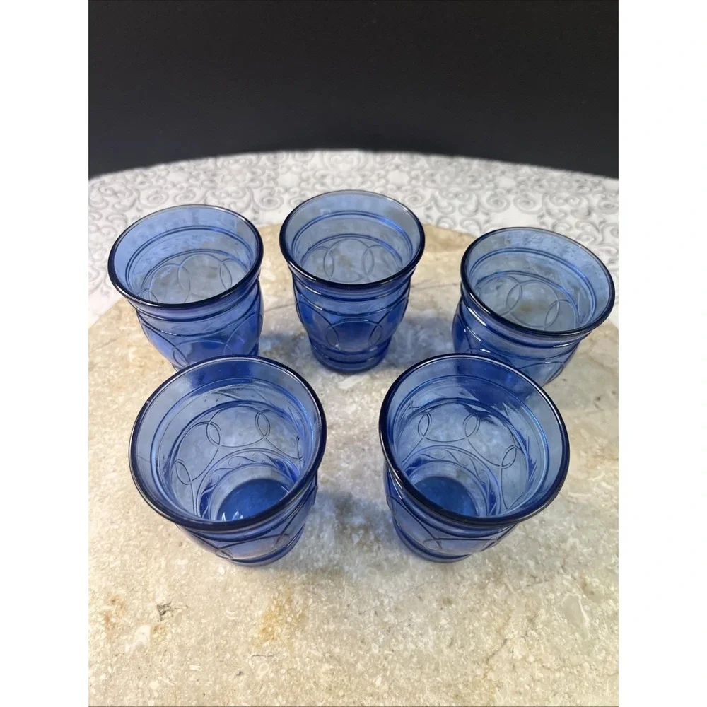 Set Of 5 1930's Hazel Atlas Blue Cobalt Ring of Rings 3 Oz Cordial Shot Glasses